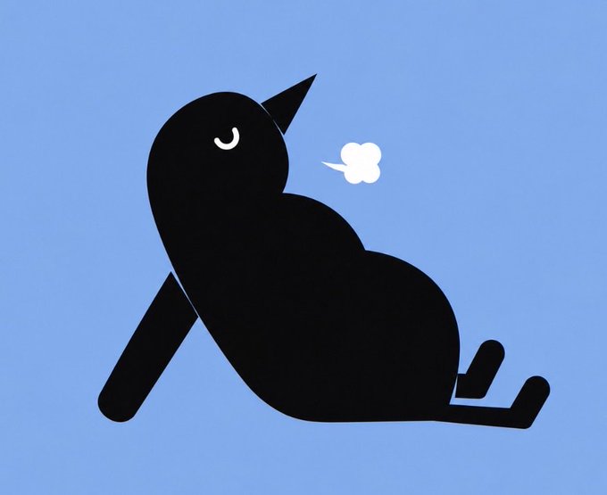 The image features a black bird sitting on its back with its wings spread out, as if it's taking a break or relaxing. The bird appears to be emitting a cloud of white smoke from its mouth, which adds an interesting visual element to the scene. The background is a solid blue color that contrasts nicely with the black silhouette of the bird and the white smoke coming out of its mouth.