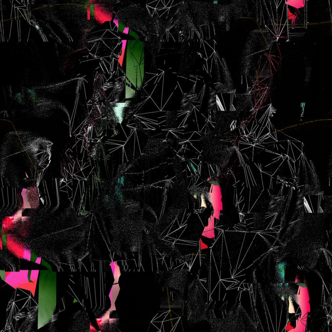 A dark, abstract digital artwork featuring chaotic geometric wireframe lines, particle clouds, and vivid neon pink and green glitch accents against a black background, evoking a cryptic, web3-style aesthetic fitting the "gm everyone / check the allowlists" crypto community greeting.
