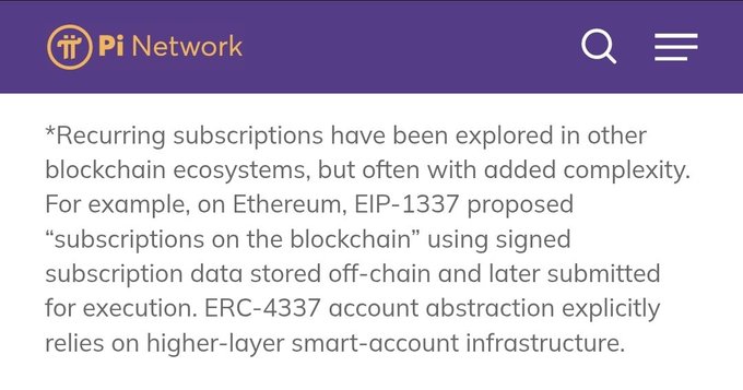 A snippet from a Pi Network article discussing how recurring subscriptions have been implemented in other blockchain ecosystems, specifically referencing Ethereum's EIP-1337 and ERC-4337 standards, suggesting Pi's new smart contract feature focuses on subscription-based use cases rather than typical DeFi applications like DEXes or lending.