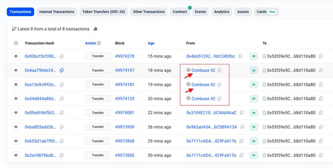Etherscan transaction history shows three recent transfers of $ALIGN tokens from Coinbase 42 to address 0x53f39e5C...68d110a8D, matching the Base network contract cited in the post about Coinbase adding Aligned (ALIGN) to its asset roadmap.