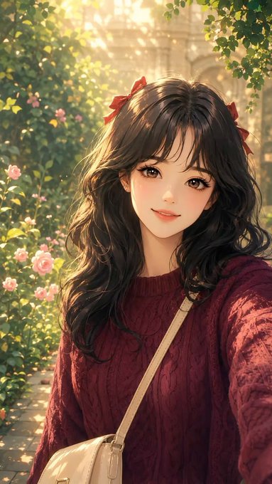 An anime-style illustration of a girl with long wavy dark hair and red ribbons, wearing a maroon sweater and a crossbody bag, posed in a sunlit garden with roses.