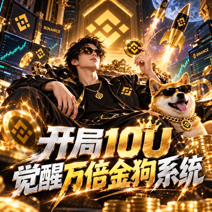 An AI-generated promotional poster featuring a young man and a Shiba Inu dog wearing sunglasses and gold chains, surrounded by Binance cryptocurrency logos, rockets, and coins, with Chinese text '开局10U 觉醒万倍金狗系统'.