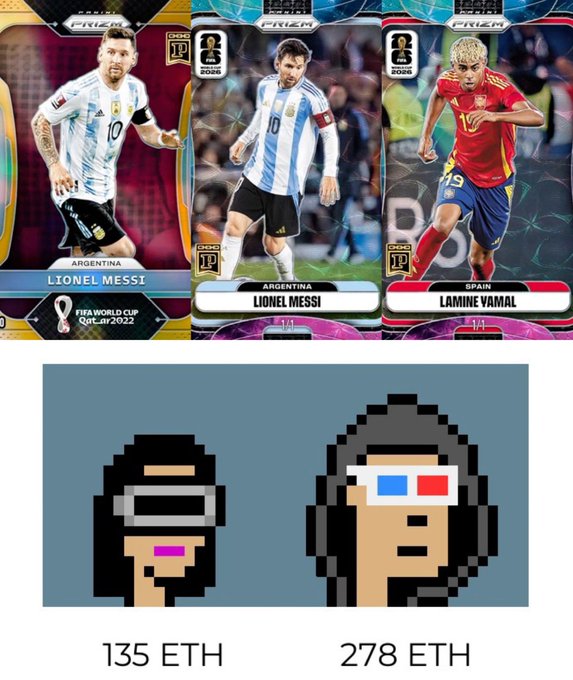 The image shows three Panini Prizm World Cup 2026 trading cards—two featuring Lionel Messi (Argentina) and one of Lamine Yamal (Spain)—paired with pixelated CryptoPunk-style portraits valued at 135 ETH and 278 ETH, illustrating the post's comparison between the digital collectible "drops" of CryptoPunks and Panini's recent high-value soccer card releases.