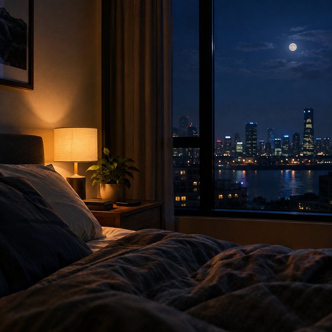 A dimly lit bedroom features a bedside lamp and a large window overlooking a glowing city skyline and full moon at night.