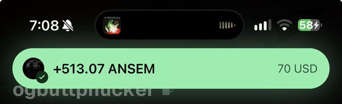 A screenshot of a mobile phone notification at 7:08 showing a green transaction alert for +513.07 ANSEM worth 70 USD, with the username 'Ogbuttplucker' visible.