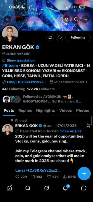 A Twitter/X profile for 'ERKAN GÖK' (@uzmanerkann) describing himself as a long-term Bitcoin, stock, coin, and gold investor, with a pinned post predicting 2025 as a year of opportunities.