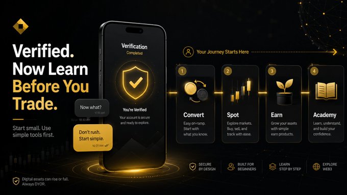 The image is a promotional graphic featuring a smartphone displaying a "Verification Completed" screen with a glowing shield icon, alongside a 4-step beginner's journey: (1) Convert, (2) Spot, (3) Earn, and (4) Academy, with bold text reading "Verified. Now Learn Before You Trade." The graphic visually reinforces the post's message to beginners who have completed Binance identity verification—advising them to take a measured approach by first understanding the platform through educational tools rather than rushing into trading, aligning with its tagline to "start small, use simple tools first."
