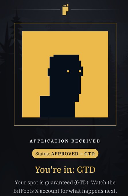 A pixelated notification screen with a yellow background displays 'APPLICATION RECEIVED', 'Status: APPROVED - GTD', and 'You're in: GTD', with text reading 'Your spot is guaranteed (GTD). Watch the BitFoots X account for what happens next.'