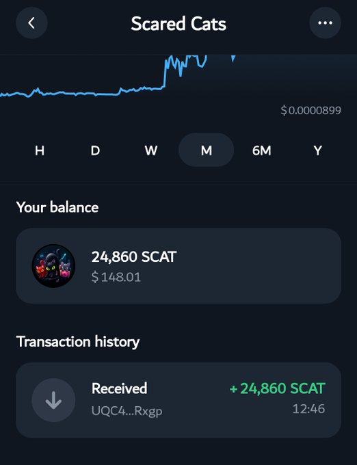 The image shows a phone screen displaying information about an investment made into a cryptocurrency called Scat. The user has invested $9, which has grown to $150 due to the TON meme. The account balance is now $12,664. The screen also displays a transaction history and a message from the user's wallet.