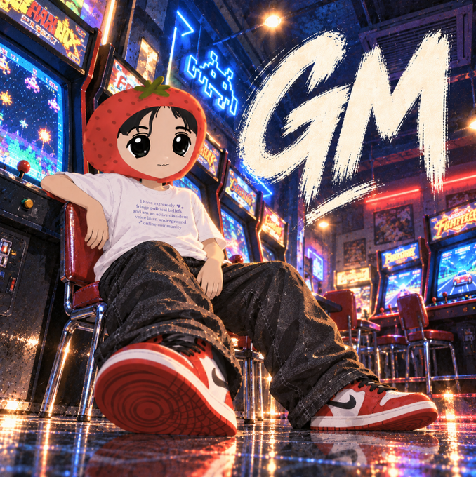 A chibi-style character with a strawberry head wearing a white graphic t-shirt, baggy black pants, and red/white Jordan sneakers sits in a chair at an arcade, with large 'GM' text in the background.