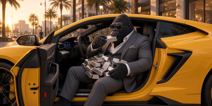 A gorilla wearing sunglasses and a business suit sits in a yellow sports car, surrounded by stacks of silver bars.