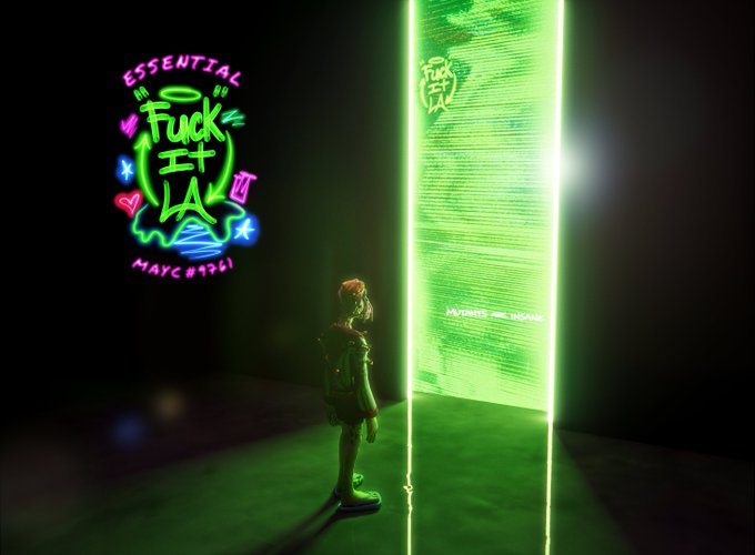 A neon-lit scene features a person standing before a glowing green vertical portal or screen, with a neon sign on the left reading 'ESSENTIAL Fuck It LA MAYC #4361'.