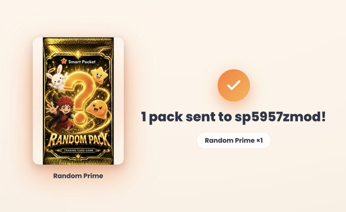 A digital "Random Pack" trading card pack has been sent to user "sp5957zmod" as part of a Solana-based giveaway from Smart Pocket (smartpocket.com), with recipients required to have a Smart Pocket account to claim the Random Prime ×1 reward.