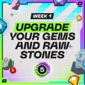 A colorful graphic announces "WEEK 1 UPGRADE YOUR GEMS AND RAW STONES" for the #STEPNEMBER5 challenge, accompanying a post where the creator shares two upgrade videos for completing their first week of 5 Gem and 5 Raw Stone upgrades in #STEPN and #STEPN GO.
