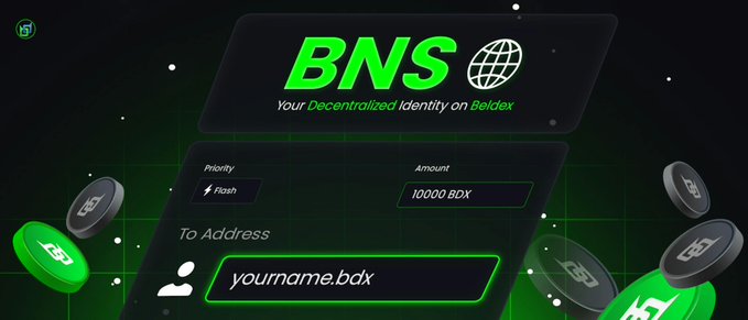 A promotional graphic for BNS - "Your Decentralized Identity on Beldex" featuring a transaction interface with Priority (Flash), Amount (10000 BDX), and To Address (yourname.bdx) fields, surrounded by BDX coins.