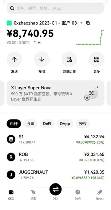A screenshot of a cryptocurrency wallet interface showing an account '0xzhaozhao 2023-C1' with a balance of ¥8,740.95, displaying a list of tokens including $1 at ¥4,132.94, ROB at ¥2,031.65, and JUGGERNAUT at ¥1,420.35.