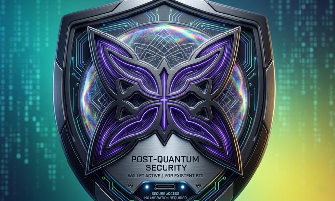 The image features a shield-shaped design with purple wings, which appears to be a butterfly or a ladybug. The shield has a text that reads "Post Quantum Security" written below it. The background of the image consists of blue dots, creating an abstract pattern. The overall color scheme is predominantly purple and green.