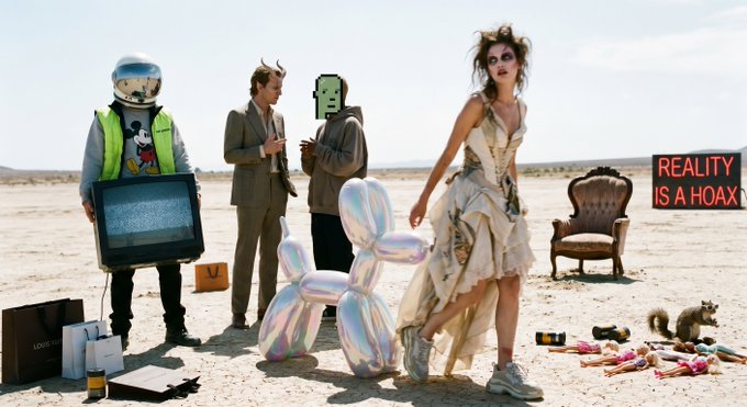 A surreal desert scene featuring people in costumes, a person in a Mickey Mouse shirt with a TV-headed helmet, a balloon dog, a "REALITY IS A HOAX" sign, and various scattered objects.