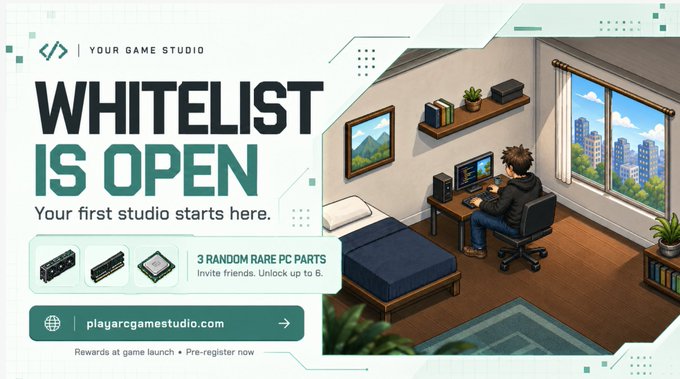 A promotional banner for "YOUR GAME STUDIO" announcing that the WHITELIST IS OPEN, featuring pixel-art graphics of a gamer at a computer and offering 3 random rare PC parts as rewards.