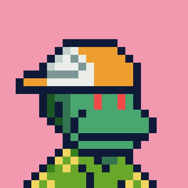 A pixel art style portrait of a green reptilian character wearing an orange and white cap with red eyes, set against a pink background.