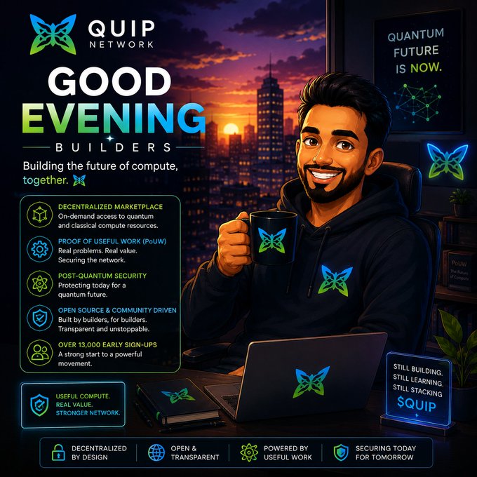A promotional digital poster for the Quip Network features a cartoon man holding a mug, with the text 'GOOD EVENING BUILDERS' and bullet points highlighting 'DECENTRALIZED MARKETPLACE' and 'PROOF OF USEFUL WORK (PoUW)'.