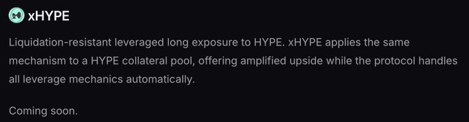 A dark-themed announcement graphic for 'xHYPE' with a teal logo. The text reads: 'Liquidation-resistant leveraged long exposure to HYPE. xHYPE applies the same mechanism to a HYPE collateral pool, offering amplified upside while the protocol handles all leverage mechanics automatically. Coming soon.'