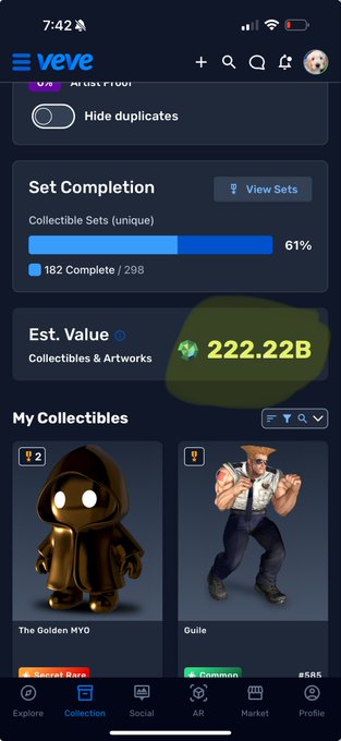 A mobile screenshot of the VeVe app showing a 61% set completion rate, an estimated value of 222.22B gems, and NFT collectibles including 'The Golden MYO' and 'Guile'.
