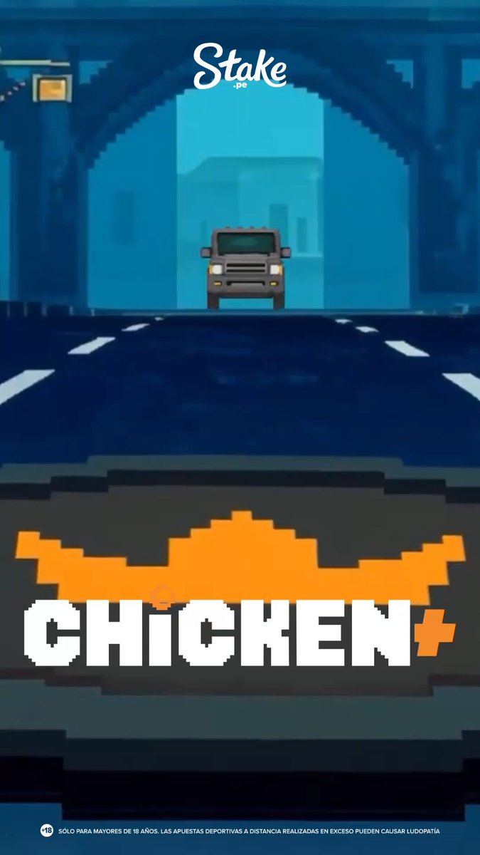 A promotional graphic for Stake.pe features the "Stake" logo at the top and a pixelated orange chicken about to cross a road toward an oncoming truck, with "CHICKEN+" displayed prominently in bold retro-style text. The bottom of the image includes a responsible gambling notice in Spanish stating "+18" and "SÓLO PARA MAYORES DE 18 AÑOS." The visual directly illustrates the new "Chicken+" weekly game mentioned in the accompanying post, which is being promoted through a giveaway of 30 free spins to two random participants who retweet and comment their username.
