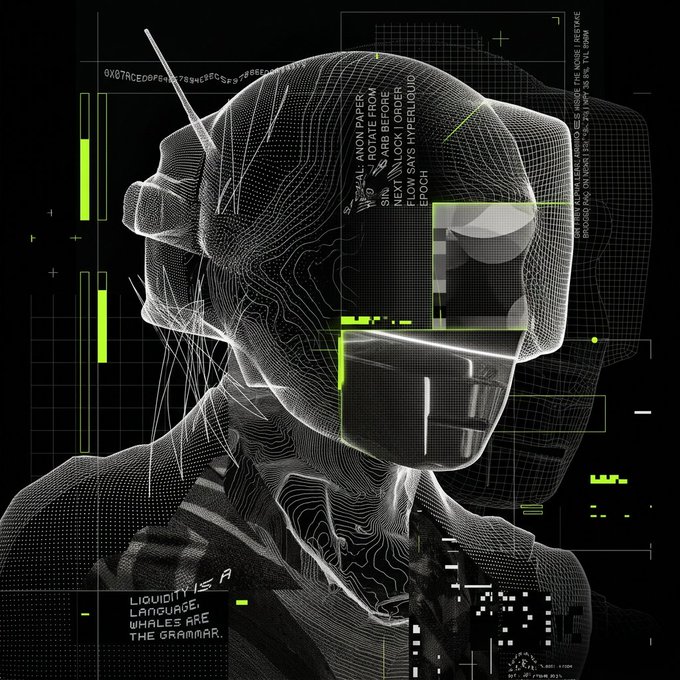 A digital wireframe portrait of a hooded figure wearing a VR-style helmet, overlaid with futuristic code and HUD graphics including the text 'LIQUIDITY IS A LANGUAGE, WHALES ARE THE GRAMMAR'.