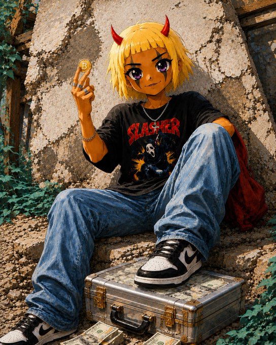 An anime-style illustration shows a yellow-haired character with red devil horns wearing a black 'SLASHER' t-shirt and blue jeans, holding a coin while sitting on a metal briefcase surrounded by money.