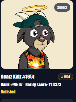The image features a cartoon goat wearing a hat, shirt, and sunglasses with a sunburst pattern. The goat appears to be a character from a video game or animated movie. The caption of the image reads "I haven'T done a giveaway in a while! To any #VeChain holder, be in the draw for 4 @GoatzNFT_ Kid Goatz!". This message is related to the post about Goats and goats that was shared on social media.