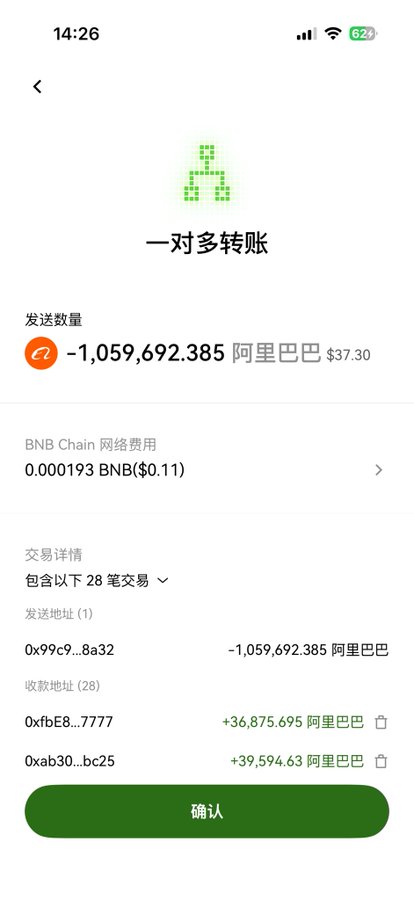 A mobile app screen in Chinese showing a '一对多转账' (one-to-many transfer) transaction sending -1,059,692.385 Alibaba (Alibaba token at $37.30) with BNB Chain network fee of 0.000193 BNB ($0.11) to 28 receiving addresses.