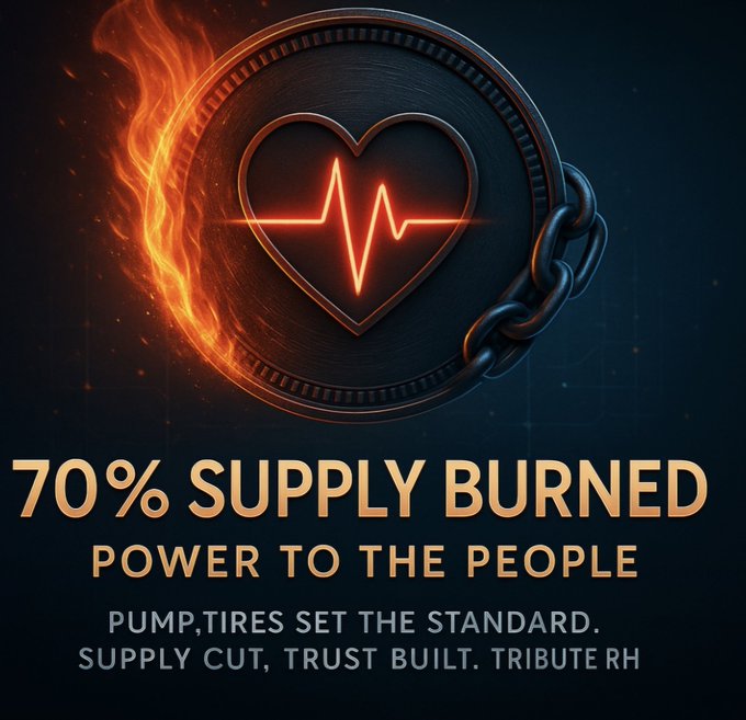 Promotional graphic with a flaming coin emblem featuring a heart and heartbeat line, alongside the text "70% SUPPLY BURNED" and "POWER TO THE PEOPLE."