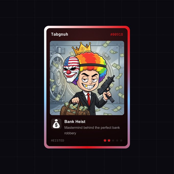 A digital trading card titled 'Bank Heist' featuring a clown-faced character in a suit holding a gun and a bag of money, labeled 'Tabgnuh #00918' with a 1-star rating.