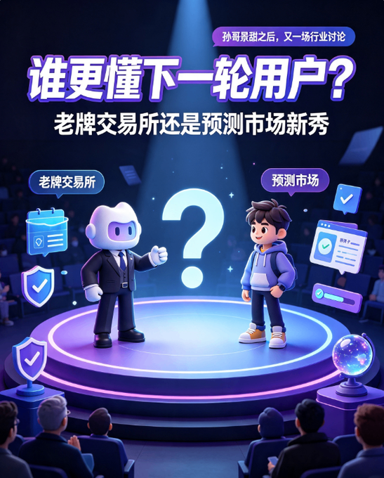 A promotional graphic with Chinese text asks '谁更懂下一轮用户？' (Who understands the next round of users better?) pitting an '老牌交易所' (Old-brand exchange) mascot in a suit against a '预测市场' (Prediction market) character on a stage, with an audience watching below.