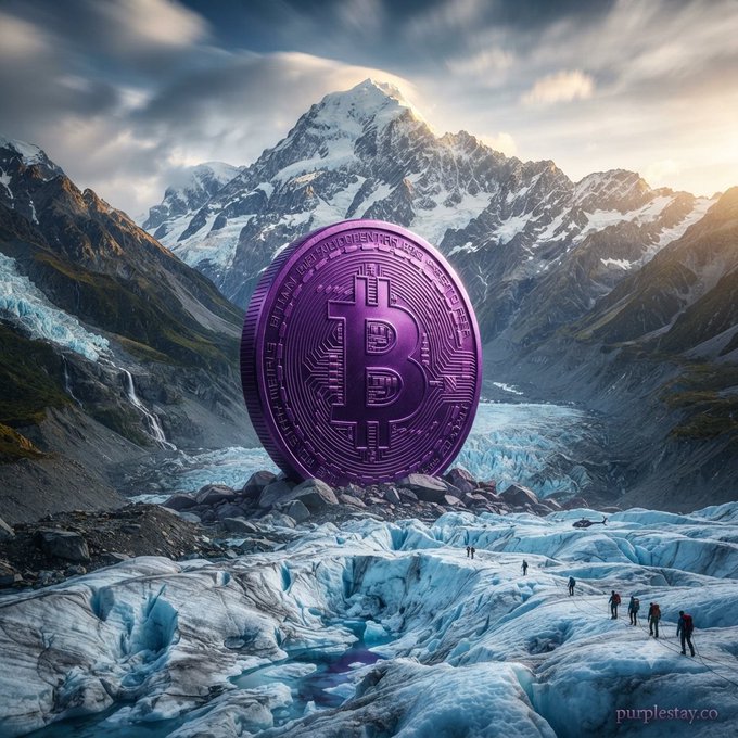 A digital artwork of a giant purple Bitcoin standing upright on a rocky glacier, with snow-capped mountains, dramatic clouds, and tiny explorers in the background; 'purplestay.co' is watermarked in the corner.
