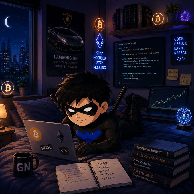 A chibi-style illustration of a masked boy coding on a laptop in a bedroom decorated with cryptocurrency and tech imagery, including Bitcoin and Ethereum logos, a Lamborghini poster reading 'BUILT FOR PERFORMANCE DRIVEN BY PASSION', and 'STAY FOCUSED STAY HODLING' neon signs.