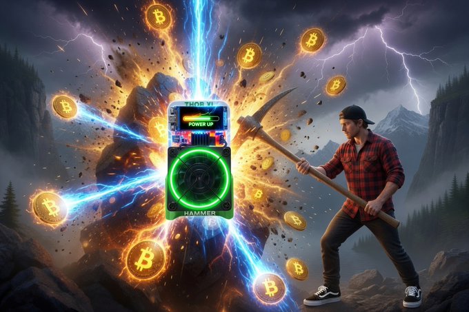A digital artwork shows a man in a red plaid shirt swinging a pickaxe at a mining rig device labeled "HAMMER" and "POWER UP" amidst a stormy landscape filled with floating Bitcoin logos and lightning.