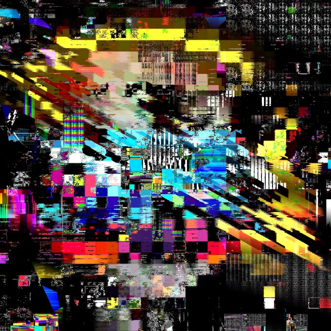 An abstract digital glitch art composition featuring colorful pixelated blocks and distorted shapes in vibrant colors.