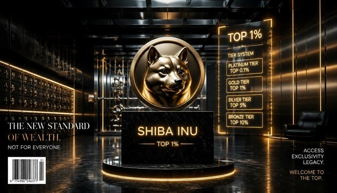 A luxurious advertisement displays a golden Shiba Inu coin statue on a pedestal labeled 'SHIBA INU TOP 1%', surrounded by a tier system chart with levels from Bronze (10%) to Platinum (0.1%) and text reading 'THE NEW STANDARD OF WEALTH' and 'ACCESS EXCLUSIVITY LEGACY'.