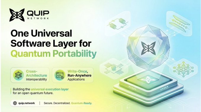 A promotional graphic for 'Quip Network' advertising 'One Universal Software Layer for Quantum Portability' with features like Cross-Architecture Interoperability and Write-Once, Run-Anywhere Applications.