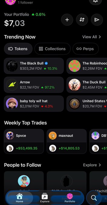 A cryptocurrency portfolio app shows $7.03 with a 0.6% gain, 'Trending Now' tokens including 'The Black Bull' ($303,2M FDV), 'Arrow' ($22,1M FDV), and 'baby toly wif hat' ($2,01M FDV), plus Weekly Top Trades by Spvce (+$53,499.35) and maxnaut (+$14,805.53).