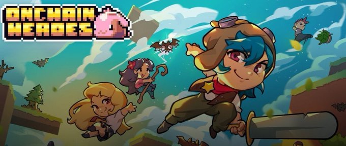 Video game artwork titled "ONCHAIN HEROES" depicting chibi-style characters flying through a colorful landscape with a sword.