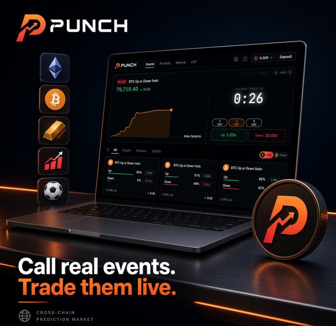 A promotional graphic for the **PUNCH** prediction market platform shows a laptop displaying a "BTC Up or Down 1min" market priced at 79,719.40 with a live countdown at 0:26, alongside trading options for 1, 3, and 5-minute durations showing current odds like "Up 1.05x" and "Down 20.00x." The image visually reinforces the post's theme by highlighting ultra-short-term crypto prediction markets with the tagline "Call real events. Trade them live." and "Cross-Chain Prediction Market."