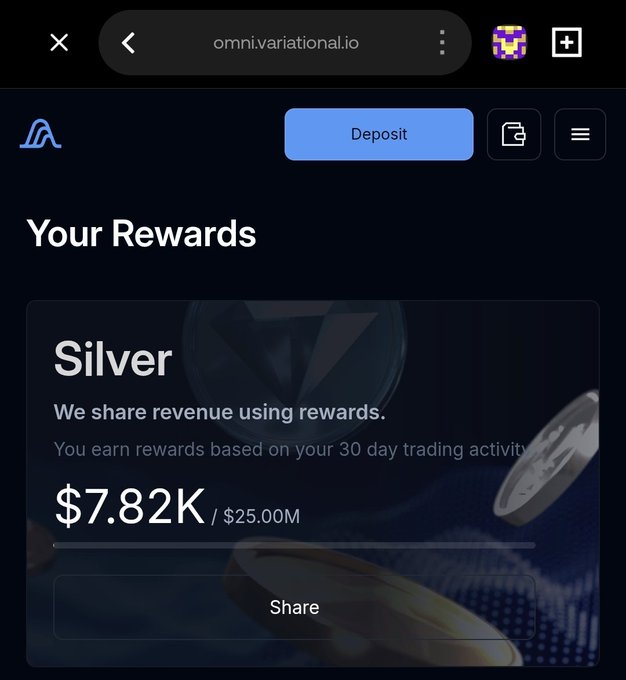 A mobile screenshot of omnivariational.io showing a 'Your Rewards' page with a Silver tier balance of $7.82K / $25.00M.