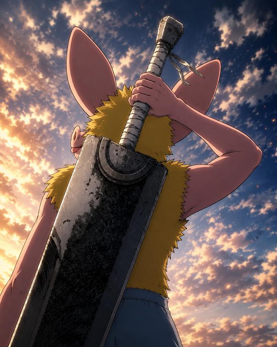 A figure viewed from below, clad in a yellow fur vest and carrying a massive, weathered sword over their shoulder, stands against a dramatic sky filled with sunset clouds—conveying an imposing sense of unstoppable power that matches the ominous tone of "nothing can stop what is coming."