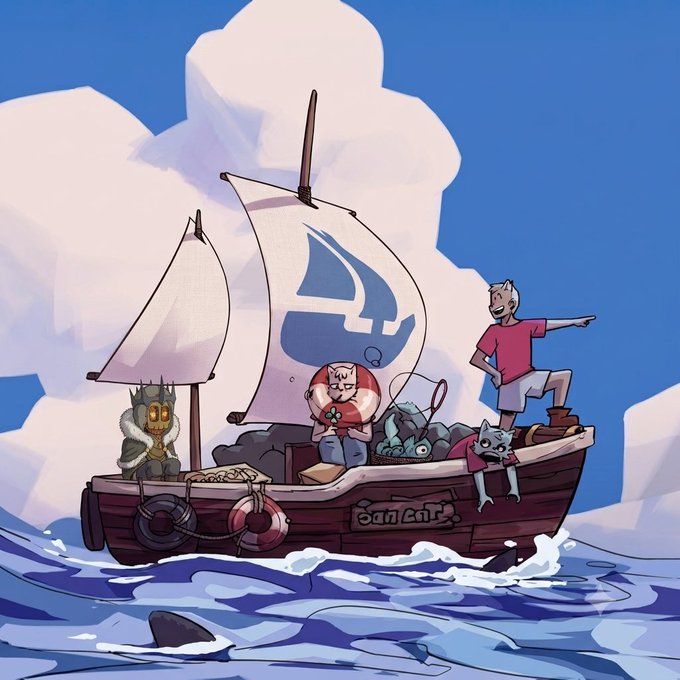 A whimsical cartoon illustration shows a pirate-themed wooden boat named "San Cats" sailing through ocean waves, featuring an anthropomorphic cat captain at the helm pointing ahead, with a golden cat figure and other feline crew members aboard under large billowing sails. The image cleverly ties to the post by promoting the ODDCATS collaboration, using the playful cat pirate crew as visual branding for the giveaway contest.