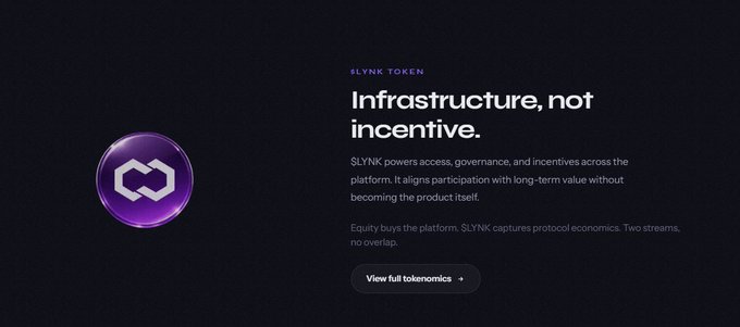 A dark webpage for the $LYNK Token stating 'Infrastructure, not incentive,' explaining that $LYNK powers access, governance, and incentives, and includes a 'View full tokenomics →' button.