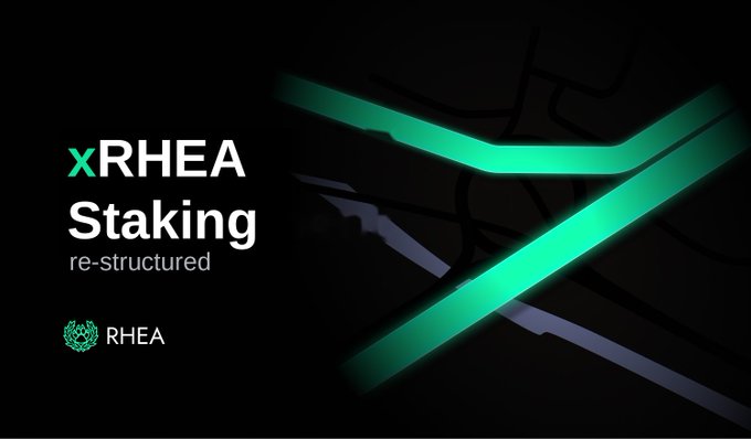 A promotional graphic for xRHEA Staking (re-structured) featuring a glowing green X logo and the RHEA branding.