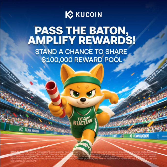 The image is a promotional graphic for KuCoin's "Pass the Baton, Amplify Rewards!" campaign, featuring their fox mascot wearing a "TEAM KUCOIN" jersey and headband while running on a track with a relay baton, offering a chance to share a $100,000 reward pool.